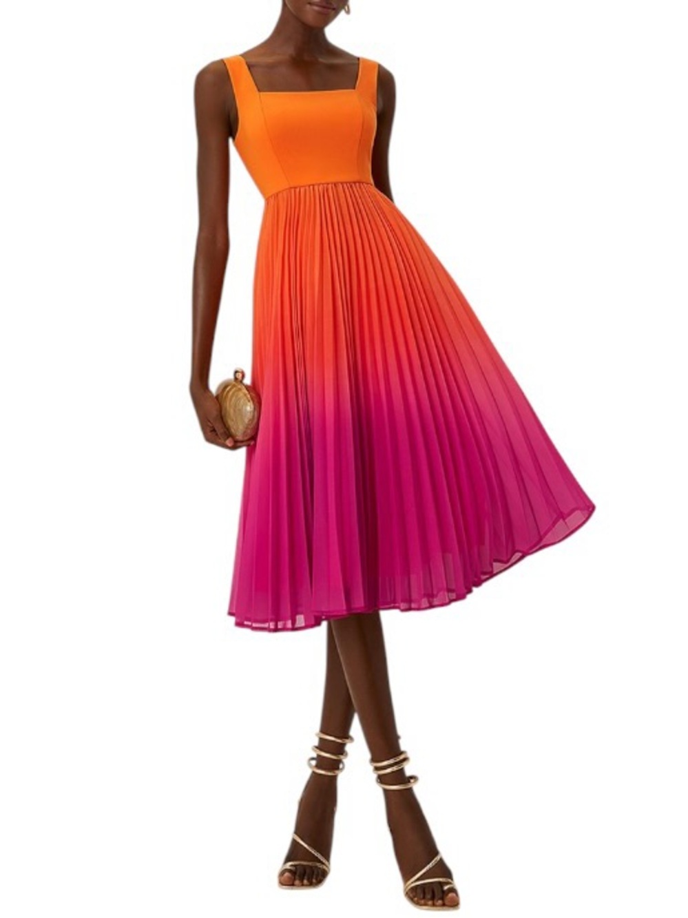 Fehaute Ombre Pleated Classic Square Neck A-Line Midi Dress
